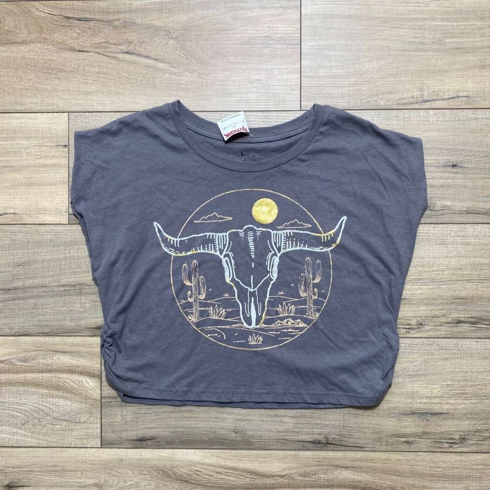 Goodie Two‎ Sleeves Womens Cow Skull Western Graphic Cropped Top Large Gray
